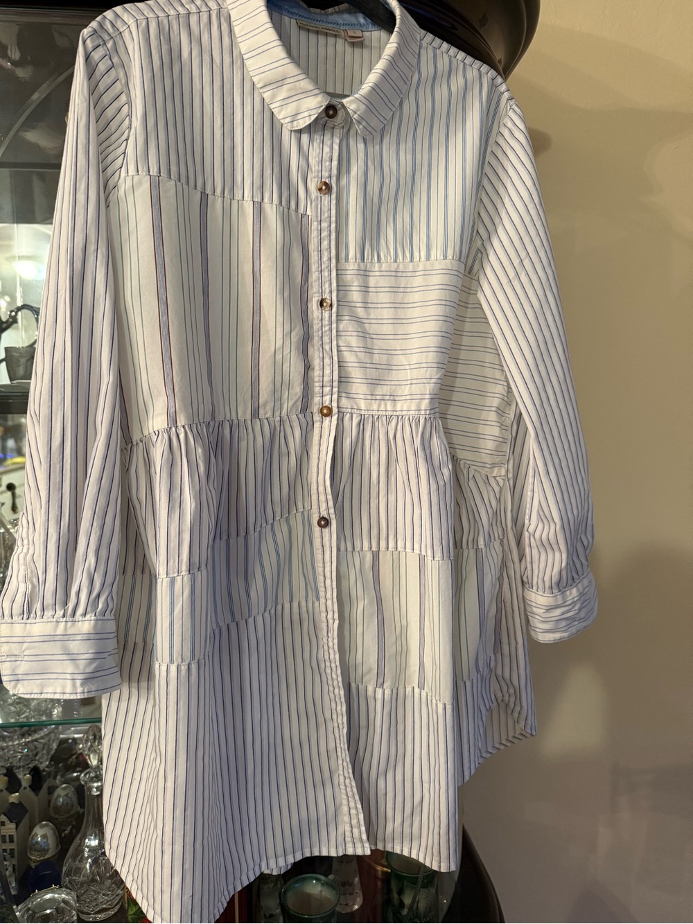 HOLDING HORSES White shirt with Blue Stripes - Button Front Tiered Style